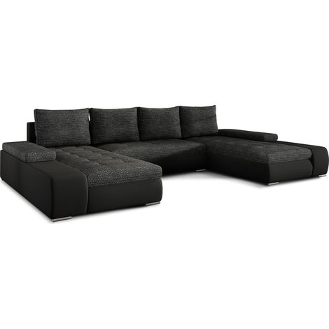 Canapé panoramique convertible TINO bi-matière avec rangement-Noir/Noir chiné (1/5)