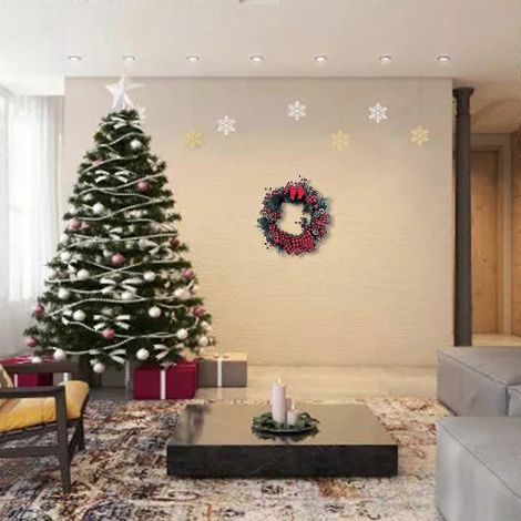 Couronne de Noël à carreaux rouges et noirs, nœud et guirlande de baies rouges pour une décoration rustique de style champêtre ou de fête de Noël (1/4)