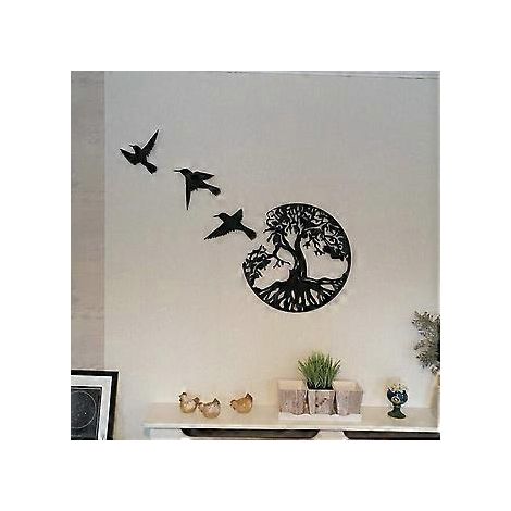 11,8 Zoll großes Wandbild „Lebensbaum“ aus schwarzem Metall – Skulptur mit 3 fliegenden Vögeln – Moderne runde Wanddekoration für Schlafzimmer und Außenbereich