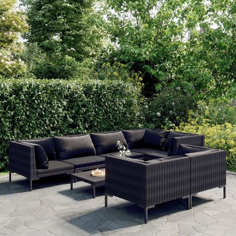 8-tlg. Garten-Lounge-Set mit Kissen Poly Rattan Dunkelgrau (1/5)