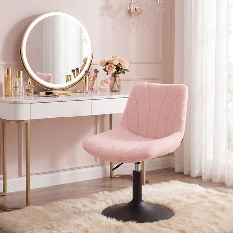 Tabouret Coiffeuse avec Dossier, Chaise Ergonomique Réglable, Tissu bouclette, 43 x 46,5 x 65,5-77,5 cm, Rose (1/5)