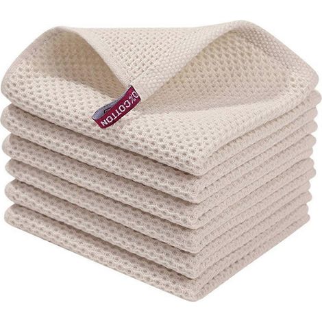 Lot de 6 torchons de cuisine 34 x 34 cm en coton gaufré, séchage rapide et absorbants, avec cintre, beige (1/5)