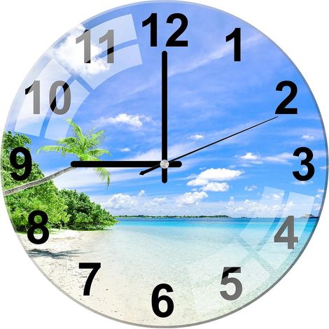 12 Pouces Horloges Murales verre Silencieuse de Salon Cuisine Modernes Design Pendules Murales 30cm Horloge à Quartz Suspendue Fine Horloge Murale (Merveilles Mer) (Plage) (1/5)