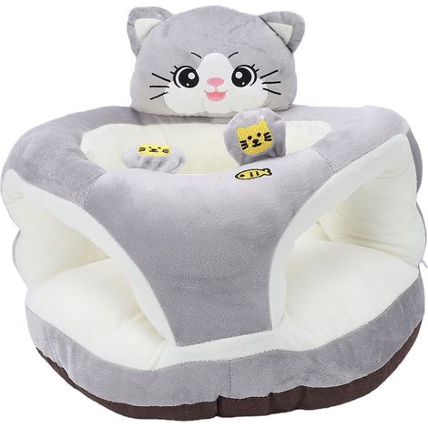 Chaise haute en peluche grise chat, idéale pour apprendre à s'asseoir à bébé. Canapé de soutien avec dossier pour le salon. (1/5)
