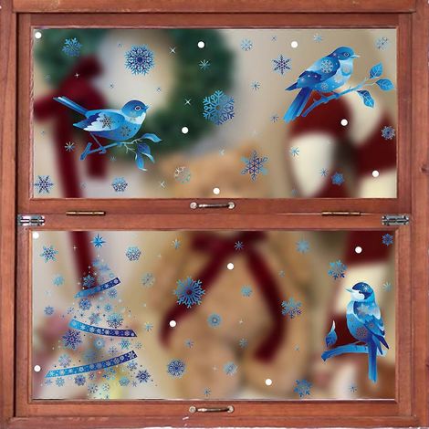 Nouveaux autocollants statiques de Noël avec des flocons de neige et des élans, autocollants bleus pour vitres en forme de sapin de Noël - 2 combinaisons (1/3)