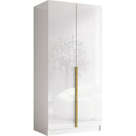 Armario Closico Staton I, Blanco + Blanco brillante + Dorado, 215x100x58cm, Puertas de armario: Con bisagras, Número de estantes: 0