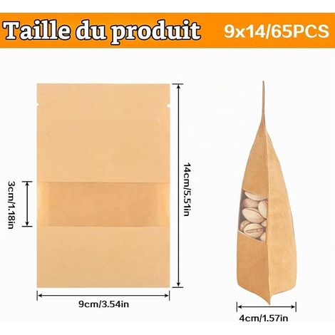 Sachet Kraft Alimentaire, Sachet Kraft Fenetre 9x14 cm Emballage Pochette Réutilisables Sac Papier Alimentaire Refermables pour Noix Snacks Bonbons Grains de Café (1/2)