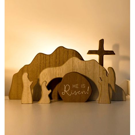 Easter Resurrection Scene - Empty Tomb with Figures and Wooden Cross - Religious Decoration for Home and Office