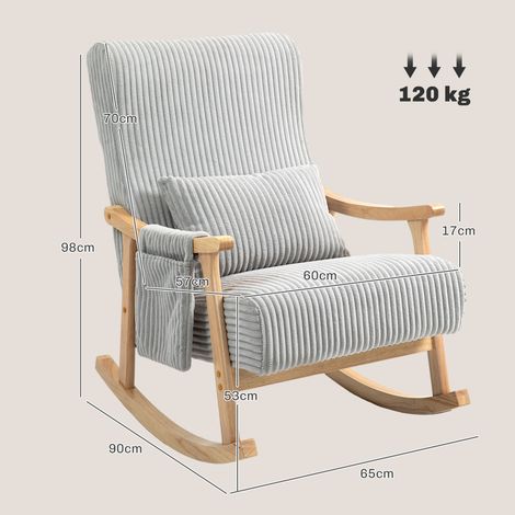 Silla Mecedora de Pana con Patas y Reposabrazos de Madera de Caucho Cojín Lumbar y Bolsillo Carga 120 kg Gris (1/5)