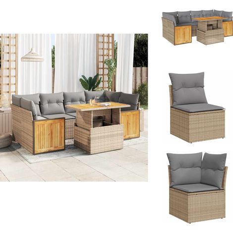 7-tlg. Garten-Sofagarnitur mit Kissen Beige Poly Rattan Akazie - Gartensofa Set - Garten Sofa Set - Outdoor Sofa Set - Garten Sofagarnitur (1/5)