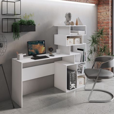 Dmora Escritorio con estantería alta moderna, Consola con estantes de almacenamiento, Mesa de estudio para dormitorio, 160x40xh135 cm, Color blanco (1/5)