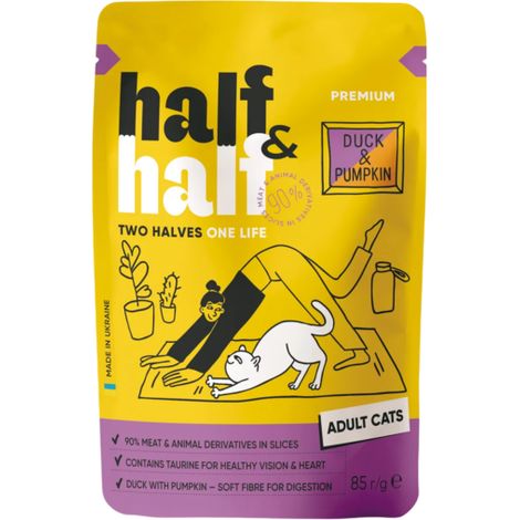 Cibo umido per gatti adulti Half&Half, anatra e zucca in salsa, 85 g (1/2)