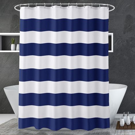 Rideau De Douche - 180 X 180 Cm - Polyester Sans Pvc - Imperméable - À Rayures Bleu Marine Et Blanc - 1 Pièce (1/5)