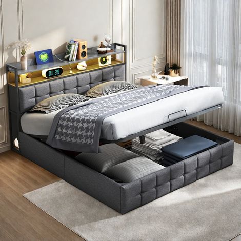 Lit double avec sommier à lattes 140 x 190–Lit adulte avec bande lumineuse LED–Tête de lit rembourrée à double rangement–Ports USB et Type-C–Lin gris (1/5)