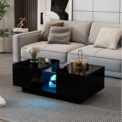 Tavolino con illuminazione LED, 2 cassetti, struttura in acrilico e MDF, per soggiorno, nero (1/5)