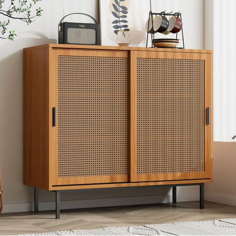 MEUBLIV Buffet de rangement 100x37x90 cm noyer – 2 portes coulissantes, 3 étagères (1/5)