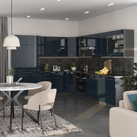 Cuisine en angle Fame-Line, Bleu foncé brillant/Chêne de force doré, 287 x 227 cm, PT Anthracite, Vicco