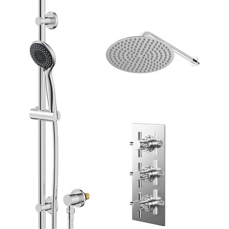 Cross Polished Chrome Concealed Triple Thermostatic Shower Valve and 300mm Thin Round Fixed Head with Wall Arm and Clyde Slide Rail Kit with Round Elbow - 2 Outlet (1/5)