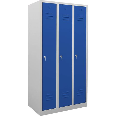 STIER Garderobenspind 3 Abteile, Maße 1800 x 870 x 500 mm, enzianblau, abschließbar, inkl. Zubehör wie Kleiderstange und Fachboden, mit Lüftungsschlitzen, abschließbar