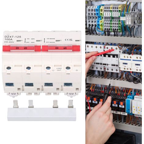Disjoncteur à double alimentation 240-400 V CA, 100 A, avec inverseur de barre omnibus miniature 2P+2P, conforme aux normes britanniques. (1/5)