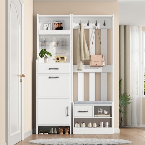 Mobile ingresso 7 in 1 bianco 110 x 35 x 175,5 cm con panca, cassetti, appendiabiti e scarpiera (1/5)