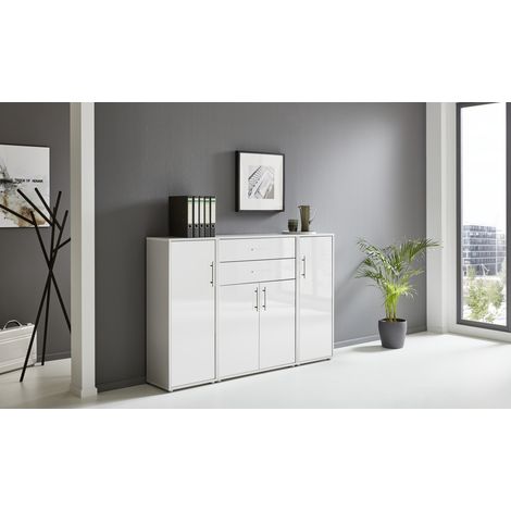 BMG Möbel Regalwand/Schrankwand, Office Edition Set 16, grau/ weiß hochglanz