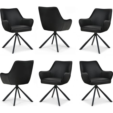 Bon Furni Kunstleder Esszimmerstuhl Schwarz, 6er Set, 360° drehbar, ergonomisch mit Federkern, unsichtbarem Reißverschluss & verstellbaren Füßen