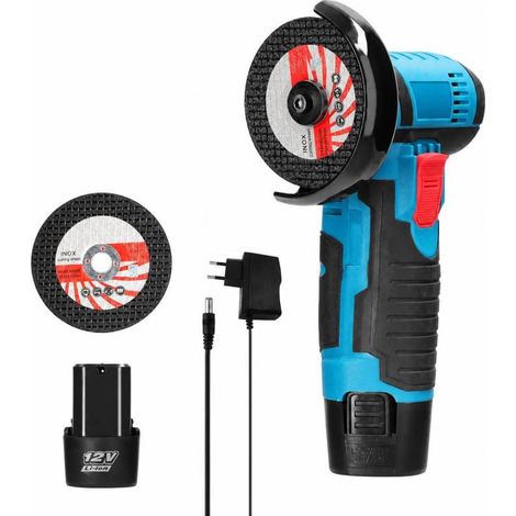 Meuleuse d'angle 12 V portable et multifonctionnelle pour carrelage et bois, idéale pour le polissage, le meulage et la découpe. Rechargeable, elle est fournie avec 2 disques de coupe. (1/5)