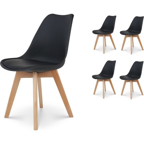 Lot de 4 chaises style scandinave VICTOIRE - Coque en résine noire rembourrée et Pieds en Bois Naturel