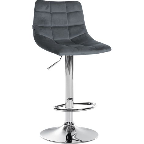 Sgabello da bar moderno x1 in velluto grigio con motivo trapuntato e base a tromba in metallo cromato 100005659