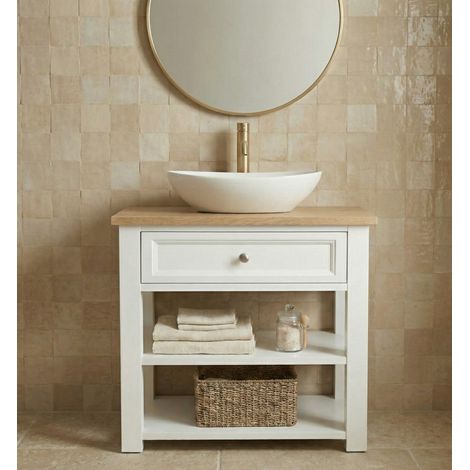 Meuble salle de bain BALI 80 sous vasque laqué Blanc Mat, avec plan couleur chêne (1/5)