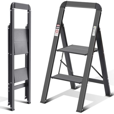 Escabeau 2 marches Aluminium, Pliant avec Main Courante, de Maison antidérapant avec sécurité Pliante, en Aluminium, Charge maximale 150 kg, Noir (1/5)