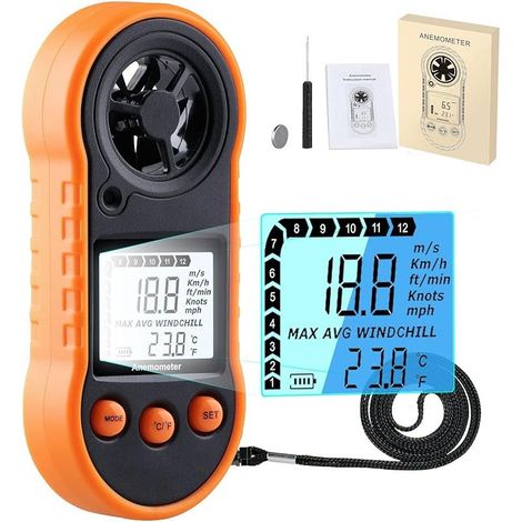 Anémomètre numérique, compteur de vitesse du vent, compteur de vitesse du débit d'air pour mesurer la vitesse/température du vent, pour le tir, le CVC, le vol de drone, le surf, la pêche (1/5)