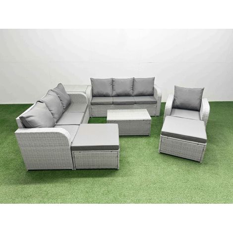 Fimous 9 Seater Poly Rattan Outdoor Garden Furniture Sofa Set Patio 3 Seater Sofa Reclining Chair 3 Seater Sofa 2 Big Footstools Side Table Light Grey (1/4)