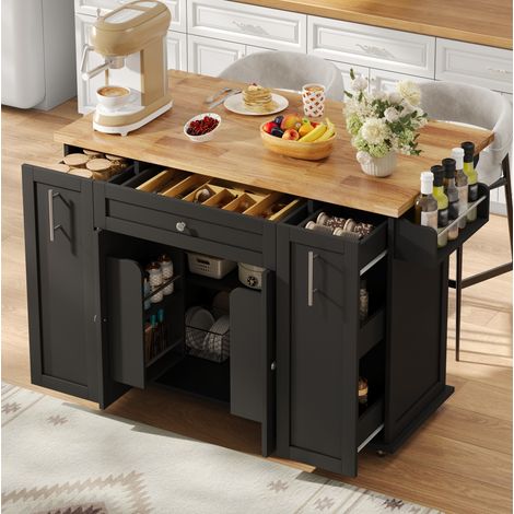Isla de cocina móvil 120x70x87 cm MDF negro y natural, tablero abatible - MEUBLIV (1/5)