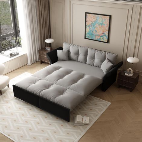 Canapé Convertible 2 Places en Velours Gris Clair - Lit Extensible Capitonné avec 2 Coussins - Design Moderne