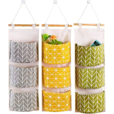 Lot de 3 sacs de rangement muraux en coton et lin avec 3 poches, organisateur suspendu (1/4)