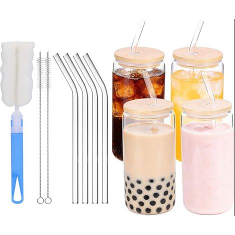 Verres avec Couvercle et Paille, Verre à Boire en Paille Réutilisable et Brosse, pour Café Glacé Matcha Smoothie Cocktail Jus Boissons Froides et Chaudes (1/5)
