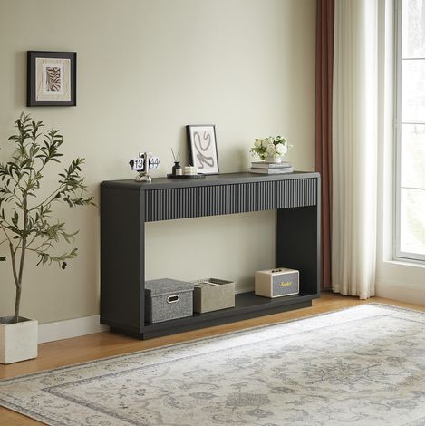 Consolle 150 x 35 x 85 cm con 2 cassetti e nicchia a giorno, per ingresso e soggiorno, pannelli neri (1/5)