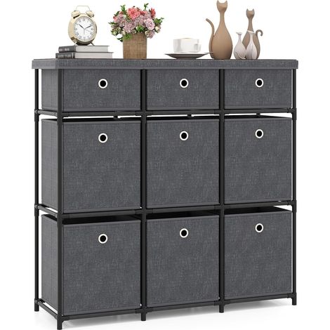 Commode Tissu Tiroirs, Commode Chambre Rangement Cubique,Cadre en Métal, Montage Facile,Couloir (9 Tiroirs,Gris) (1/5)
