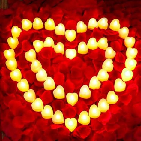 JMUQ Lot de 4 000 pétales de rose artificiels avec 48 bougies chauffe-plat romantiques en forme de cœur, pétales de rose et bougies pour mariage, anniversaire, demande en mariage, Saint-Valentin, (1/5)