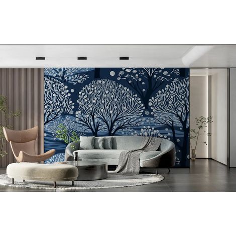 Papier peint foret arbres stylises en bleu 1 - 150 x 250 cm (1/2)