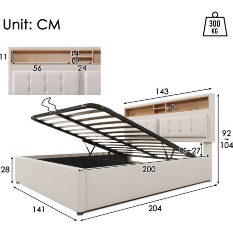 Lit rembourré 140x200 avec banquette et borne USB - espace de rangement et confort dans un aspect en lin (avec cadre à lattes, sans matelas) (1/5)
