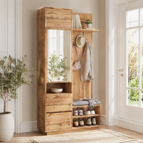 Mueble zapatero de entrada con espejo, banco y ganchos, MDF natural DESVIAE (1/5)