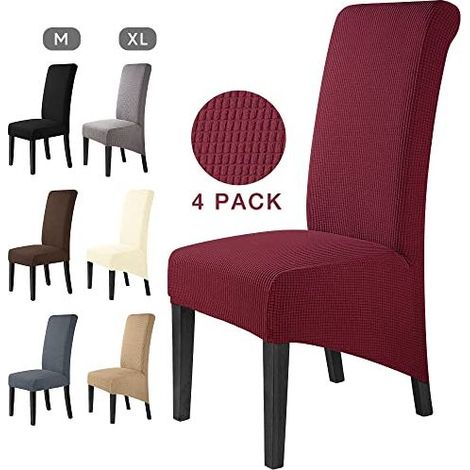 Lot de 4 Housses de Chaise Extensibles XL en Tissu Jacquard, Housse Amovible et Lavable pour Salle à Manger, Cuisine, Mariage et Banquet, Bordeaux (1/4)