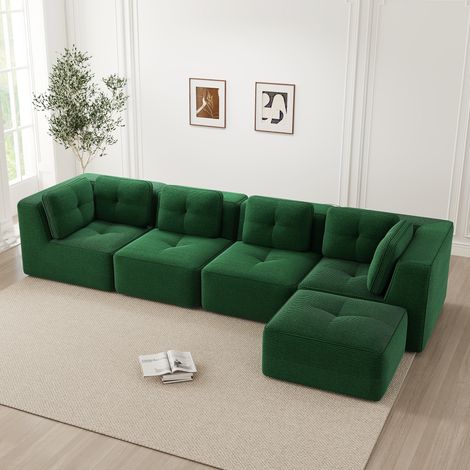 Canapé quatre places confortable modulaire sans cadre coussins moelleux. Velours côtelé antidérapant prêt à l’emploi,vert. (1/5)