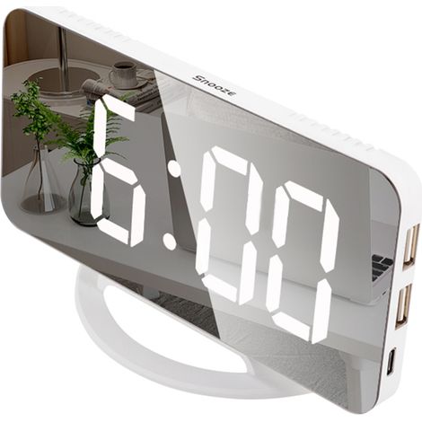 Réveil Numérique Miroir LED Mini Horloge Bureau avec Fonction Snooze 3 Luminosités Réglables Rétroéclairage Auto-Adaptatif