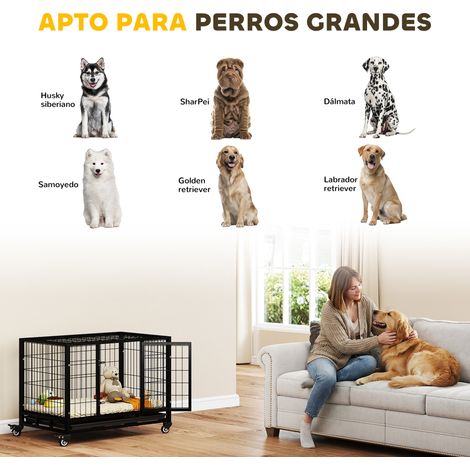 Cage métallique pour chien avec roulettes et freins, plateau amovible et porte à loquet pour Golden Retriever et Labrador, 92 x 62 x 75 cm, noire (1/4)