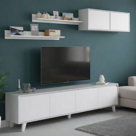 Dmora - Mueble de pared Vergennes, Conjunto de salón, Mueble de salón multiusos, Mueble de pared moderno, 200x41h50 cm, Cemento y blanco brillante, con embalaje reforzado (1/4)