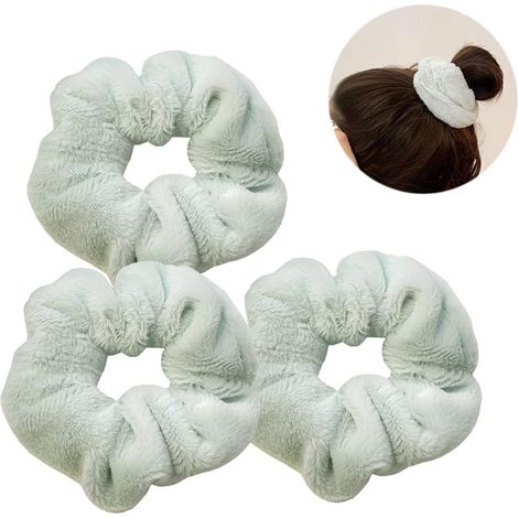 Ensemble de 3 chouchous verts duveteux pour cheveux, élastiques et attaches pour queue de cheval, pour femmes et filles (1/5)